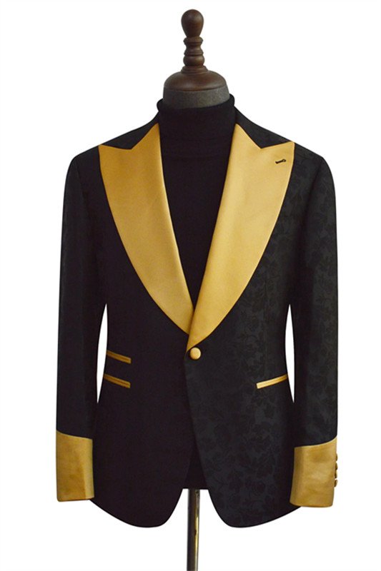 Cameron Modern Black Jacquard One Button Men Suit with Gold Lapel