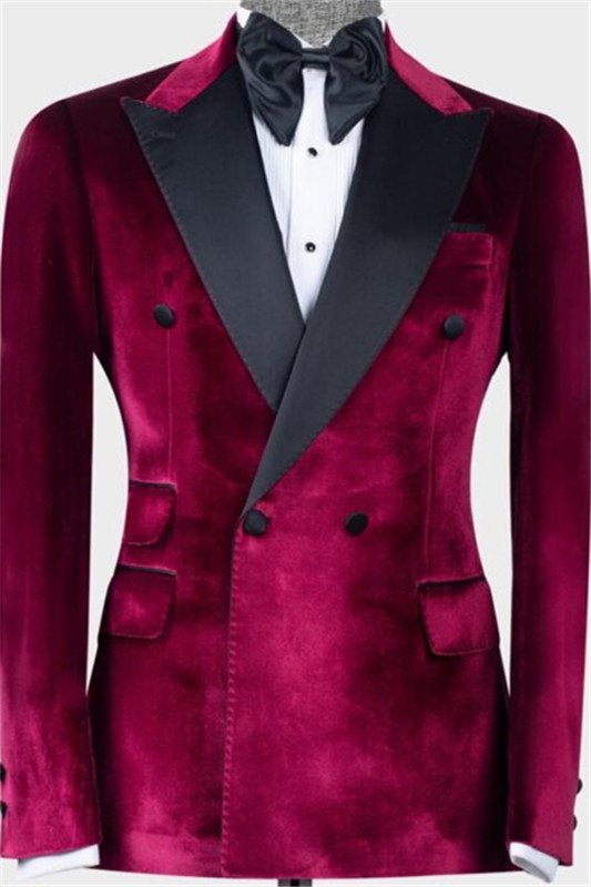 Cool Burgundy Double Breasted Peaked Lapel Fashion Men Suit