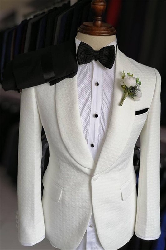 Brady White Jacquard Shawl Lapel Slim Fit One Button Wedding Suit