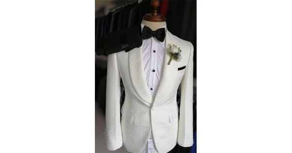 Modern White Simple One Button Wedding Suit with Black Lapel main image 1