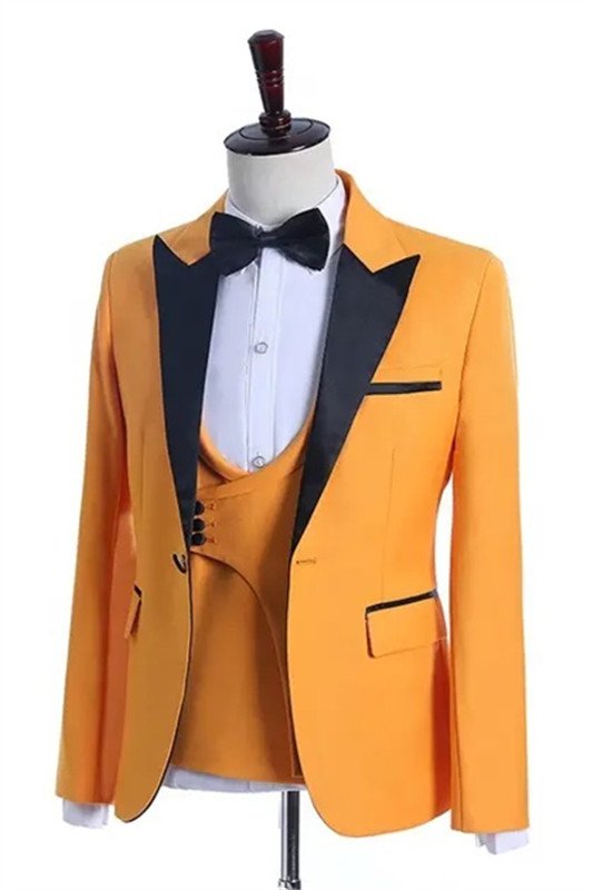 Hunter Newest Yellow Three Pieces Peaked Lapel Slim Fit Men Suits