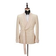Aaron Champagne Shawl Lapel Jacquard Double Breasted Men Suit 