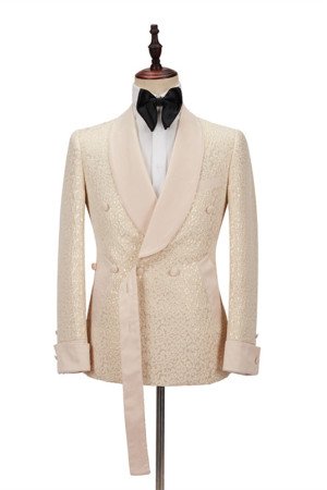 Aaron Champagne Shawl Lapel Jacquard Double Breasted Men Suit  Aaron Champagne Shawl Lapel Jacquard Double Breasted Men Suit