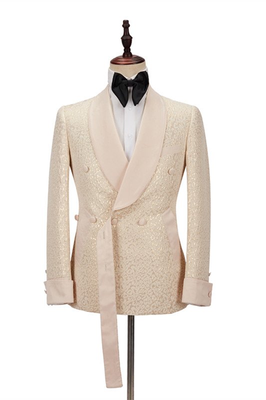 Aaron Champagne Shawl Lapel Jacquard Double Breasted Men Suit 