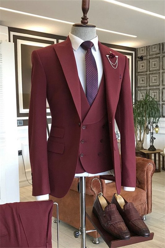 Trendy  Burgundy Three-Pieces Peaked Lapel Best Fitted Business Men Suits