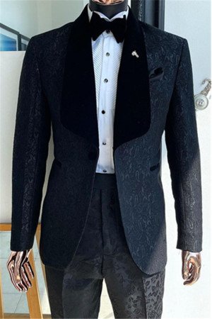 Angel Black One Button Shawl Lapel Chic Jacquard Men Suits