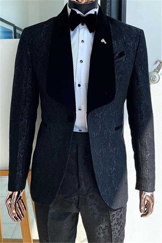 Angel Black One Button Shawl Lapel Chic Jacquard Men Suits