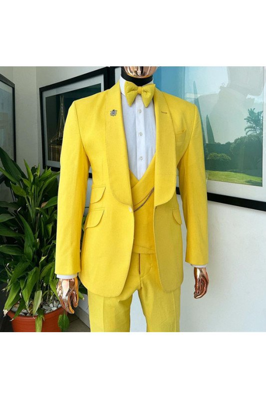 Noah Yellow Three Pieces Shawl Lapel Slim Fit Men Suit for Groom