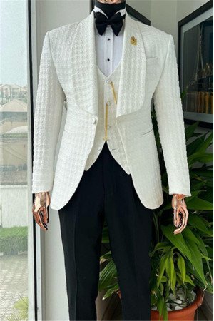 Logan Modern White Three Pieces Shawl Lapel Jacquard Wedding Men Suits Logan Modern White Three Pieces Shawl Lapel Jacquard Wedding Men Suits