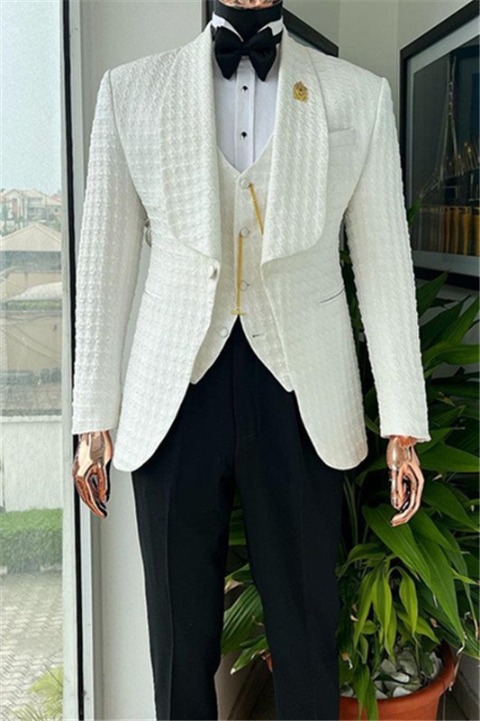 Logan Modern White Three Pieces Shawl Lapel Jacquard Wedding Men Suits