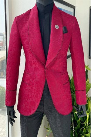 John Stylish Red Shawl Lapel Jacquard One Button Wedding Men Suits