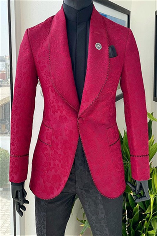 John Stylish Red Shawl Lapel Jacquard One Button Wedding Men Suits