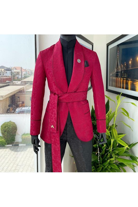 John Stylish Red Shawl Lapel Jacquard One Button Wedding Men Suits