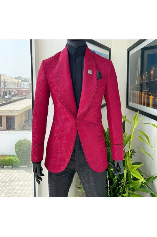 Luxury Burgundy Jacquard One Button Silk Shawl Lapel Mens Suits for Wedding and Prom