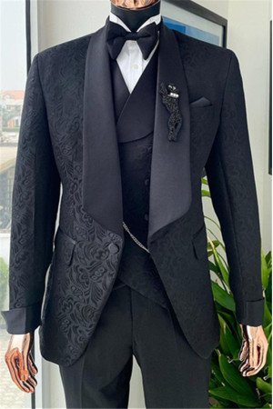 Nathan Black Chic Jacquard Three Pieces Bespoke Wedding Men Suits Nathan Black Chic Jacquard Three Pieces Bespoke Wedding Men Suits