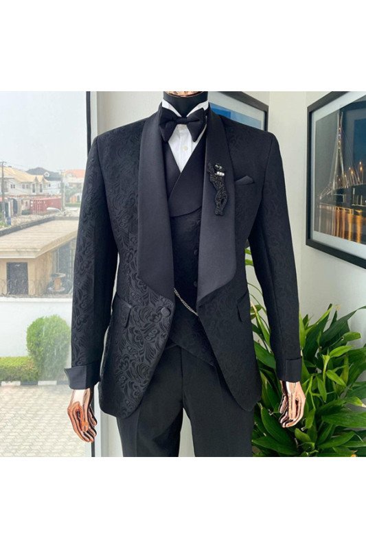 Nathan Black Chic Jacquard Three Pieces Bespoke Wedding Men Suits