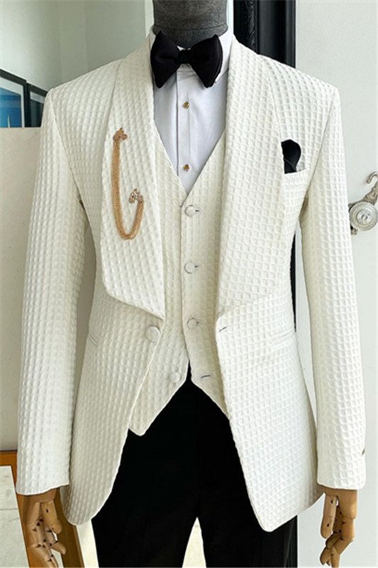 Christian White Jacquard Shawl Lapel Cool Men Suits for Wedding