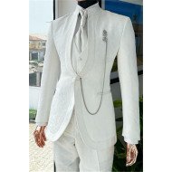 Jonathan New Arrival Slim Fit White Jacquard Wedding Men Suits with 3-Pieces