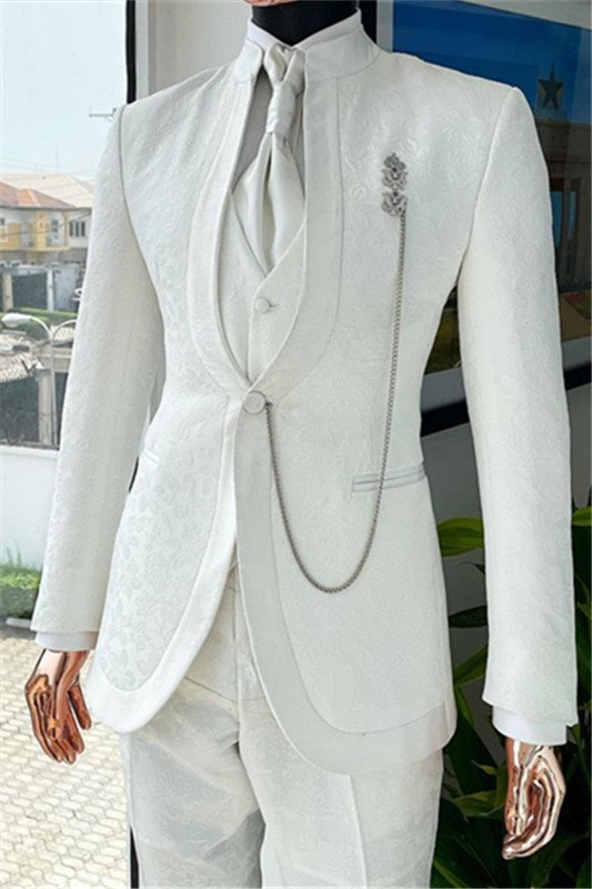 Jonathan New Arrival Slim Fit White Jacquard Wedding Men Suits with 3-Pieces