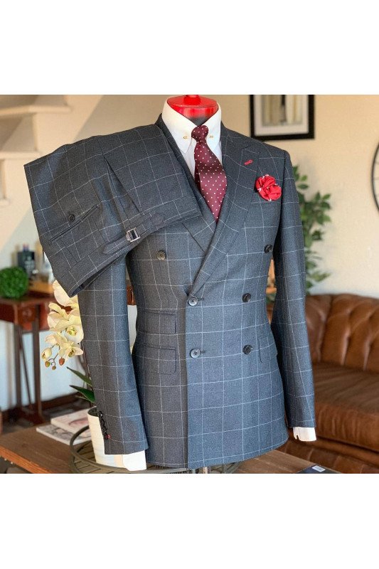 Alejandro Dark Gray Plaid Double Breasted Peaked Lapel Men Suits