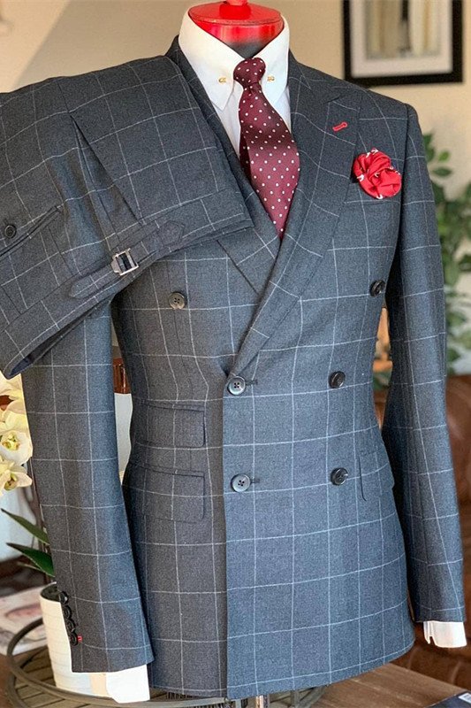 Alejandro Dark Gray Plaid Double Breasted Peaked Lapel Men Suits