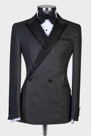 Riley New Arrival Black Striped Doule Breasted Peaked Lapel Men Suits Riley New Arrival Black Striped Doule Breasted Peaked Lapel Men Suits