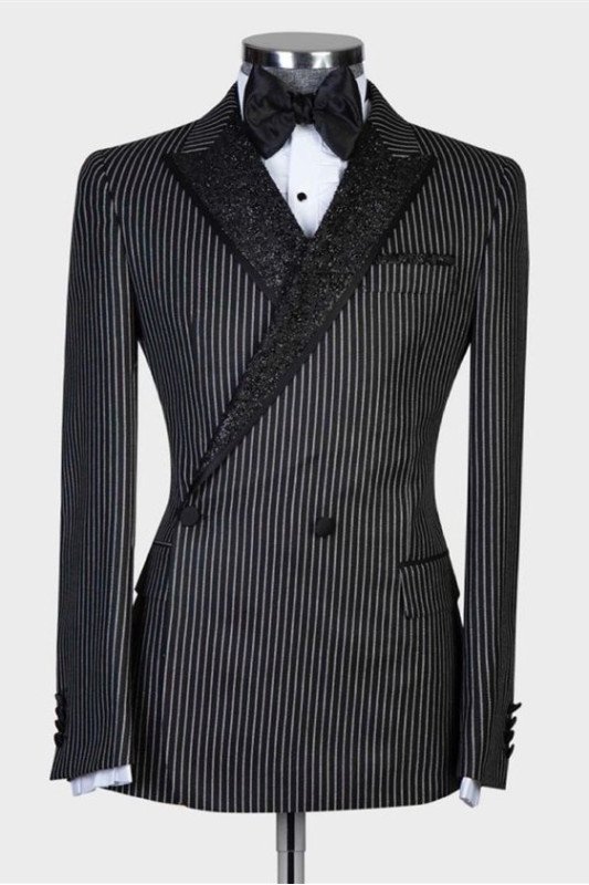 Riley New Arrival Black Striped Doule Breasted Peaked Lapel Men Suits