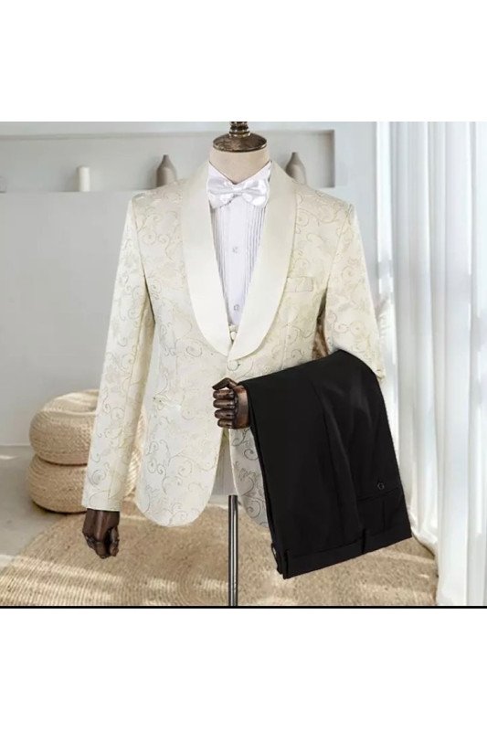 Timothy Off White Shawl Lapel One Button Bespoke Jacquard Wedding Men Suits