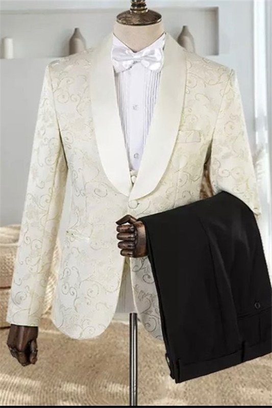 Timothy Off White Shawl Lapel One Button Bespoke Jacquard Wedding Men Suits
