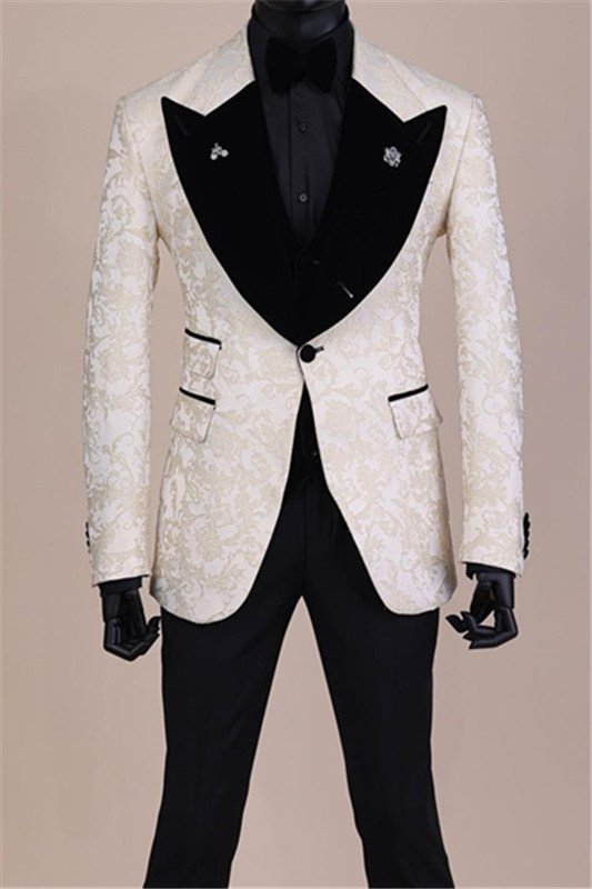 Devin Modern White Jacquard Slim Fit Peaked Lapel Wedding Men Suits
