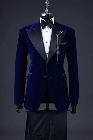 Bryce Dark Blue Velvet Slim Fit Velvet Peaked Lapel Men Suits