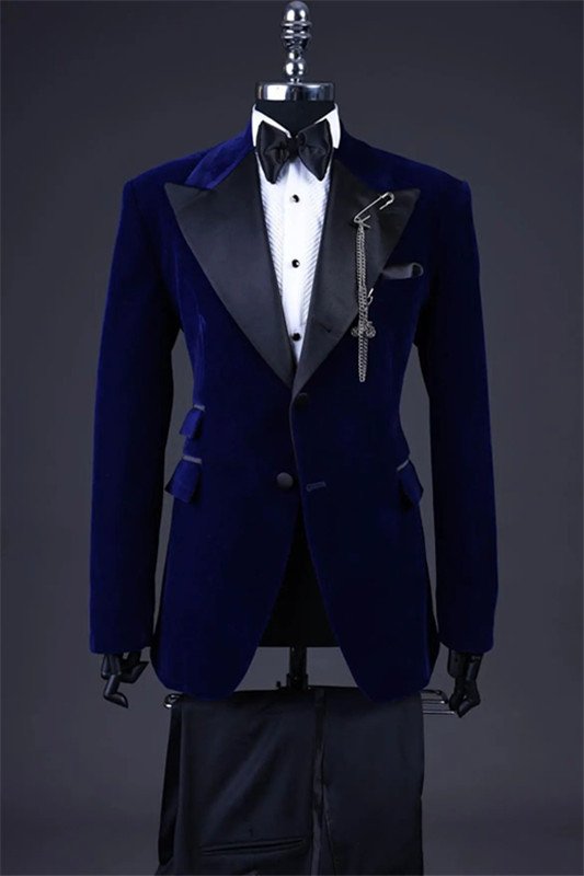 Bryce Dark Blue Velvet Slim Fit Velvet Peaked Lapel Men Suits