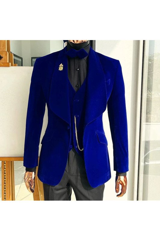 Blake Fashion Royal Blue Shawl Lapel Velvet Three Pieces Wedding Men Suit