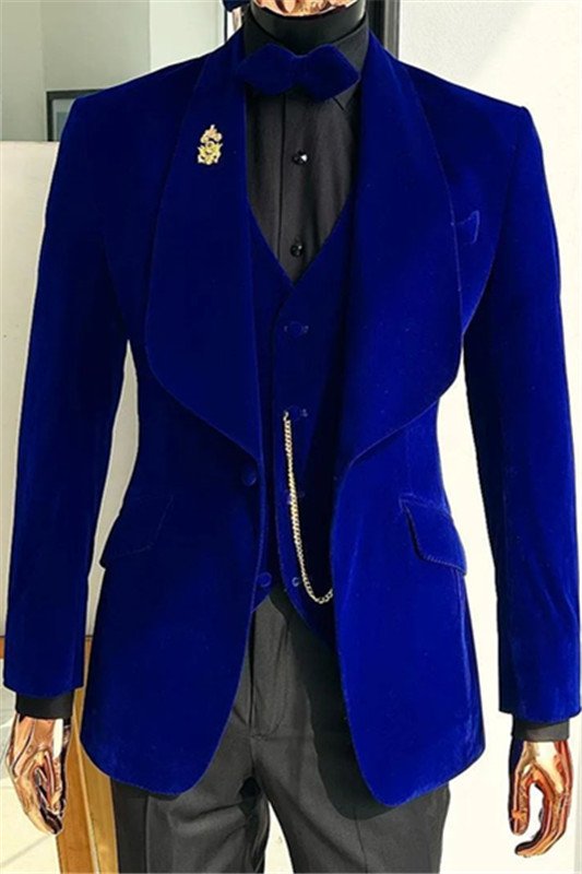 Blake Fashion Royal Blue Shawl Lapel Velvet Three Pieces Wedding Men Suit