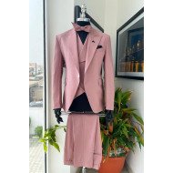 Carson Trendy Pink Three Pieces Peaked Lapel Close Fitting Men Suits