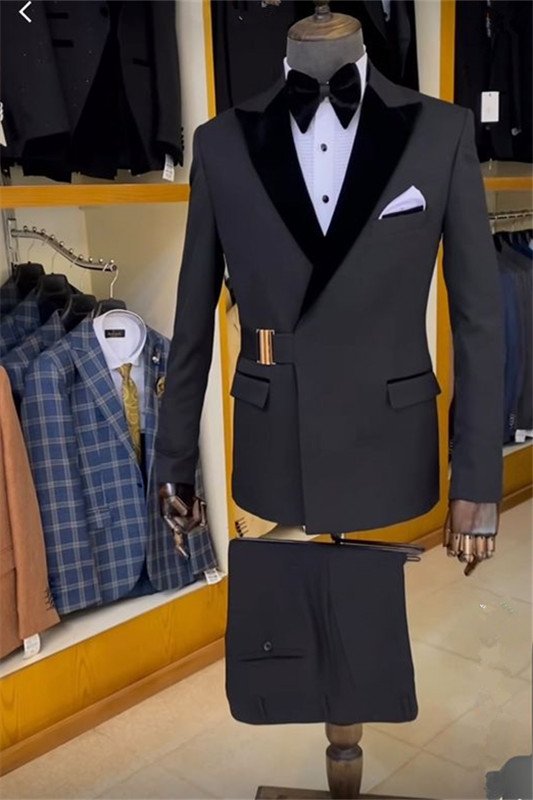 Colin Dark Gray Fashion Peaked Lapel Slim Fit Men Suit with Gold Buckle