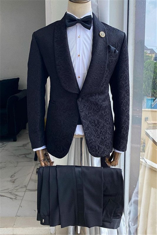Trendy Black Jacquard Shawl Lapel Slim Fit Bespoke Wedding Men Suits
