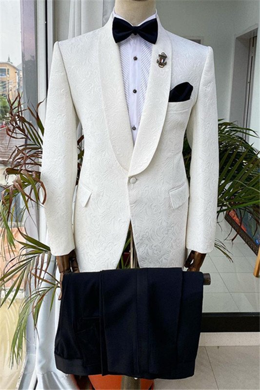 Trendy White Jacquard Shawl Lapel Slim Fit Bespoke Wedding Men Suits