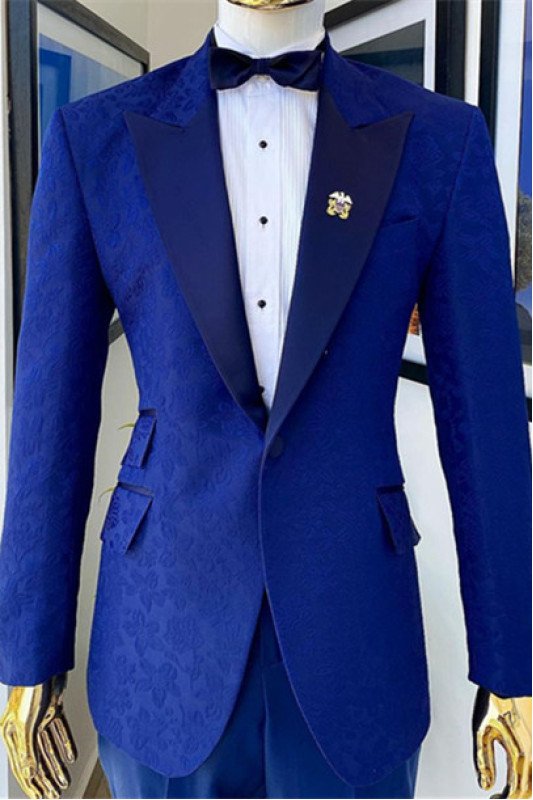 Colton Royal Blue Jacquard Peaked Lapel One Button Men Suits