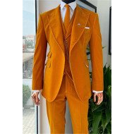 Kaden Orange Peaked Lapel Corduroy Peaked Lapel Men Suits