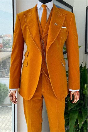 Kaden Orange Peaked Lapel Corduroy Peaked Lapel Men Suits