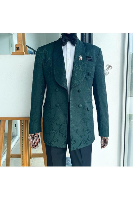 Antonio Cool Dark Green Shawl Lapel Jacquard Fashion Men Suits