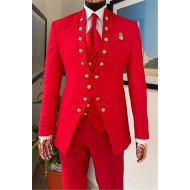 Parker Hot Red Jacquard New Arrival Three Pieces Men Suits