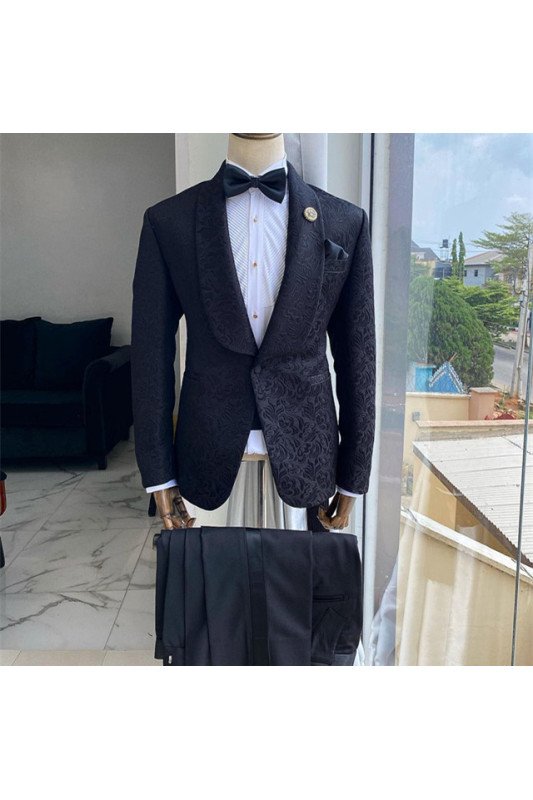 Trendy Black Jacquard Shawl Lapel Slim Fit Bespoke Wedding Men Suits