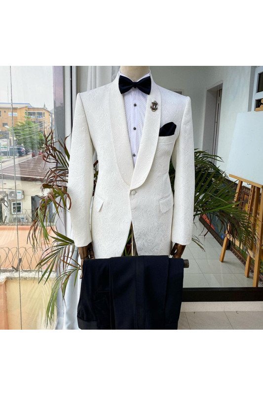 Trendy White Jacquard Shawl Lapel Slim Fit Bespoke Wedding Men Suits
