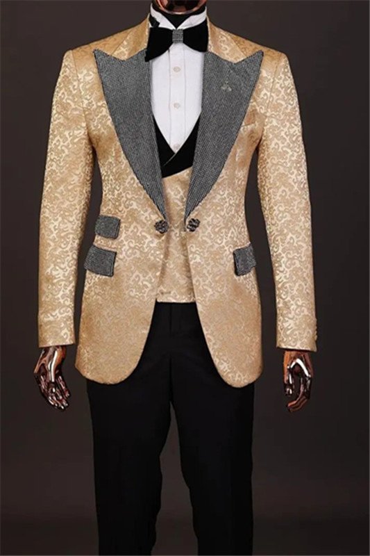 Caleb Gold Jacquard Three Pieces Best Fitted Bespoke Men Suits