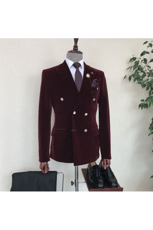 Evan Burgundy Velvet Double Breasted Peaked Lapel Men Suits