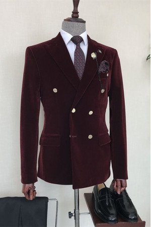 Evan Burgundy Velvet Double Breasted Peaked Lapel Men Suits