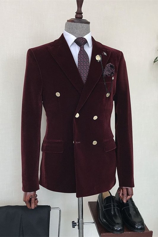 Evan Burgundy Velvet Double Breasted Peaked Lapel Men Suits