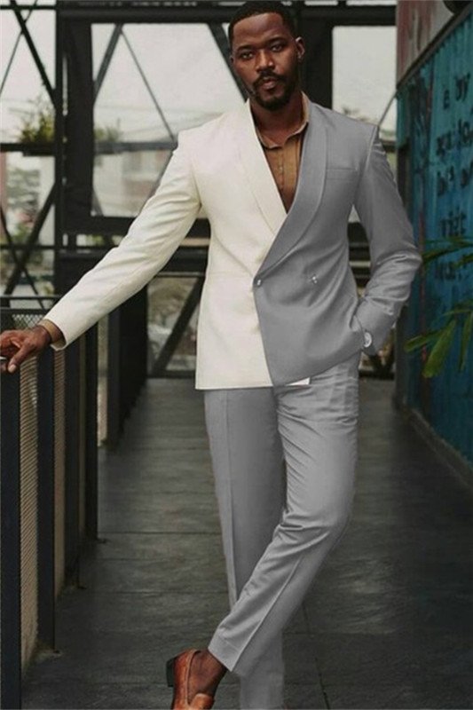James White and Gray Double Breasted Slim Men Suit for Prom